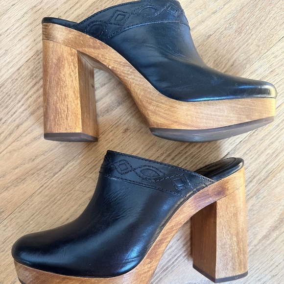 Women’s Frye Platform High Heel Mules 9 Black Leather - Picture 1 of 7